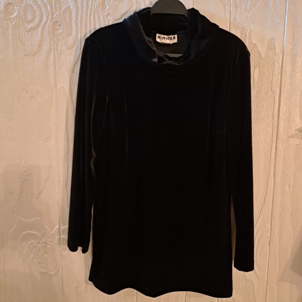 Vtg Joan Leslie Black Velour Mock Neck Tunic Mini Dress M Y2K Grunge